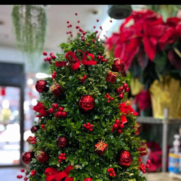Christmas tree arrangement with red ornaments and bows in a gold pot