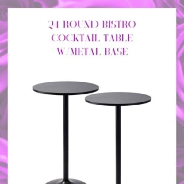 Two black round cocktail tables with metal bases on a promotional sign