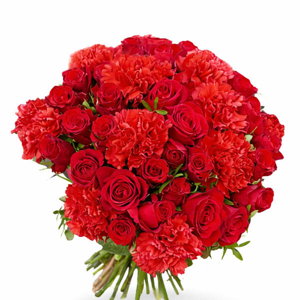 Bouquet of red roses and red carnations