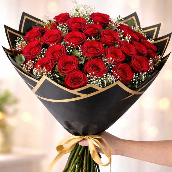 Bouquet of red roses wrapped in black paper with a gold ribbon
