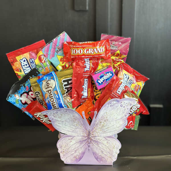 Candy bouquet in a lavender butterfly container