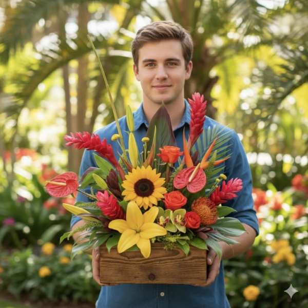 Man holding a tropical flower arrangement in a wooden box