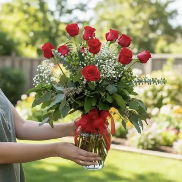 Bouquet of red roses in a glass vase with a red ribbon