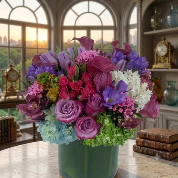 Mixed bouquet of purple, pink, and white flowers in a green vase