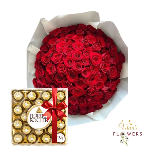 Large bouquet of red roses with a box of Ferrero Rocher chocolates