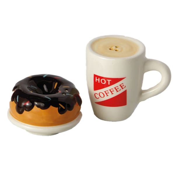 Ceramic donut and coffee mug salt-and-pepper shakers