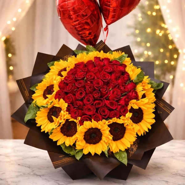 Bouquet of red roses and yellow sunflowers with red heart balloons