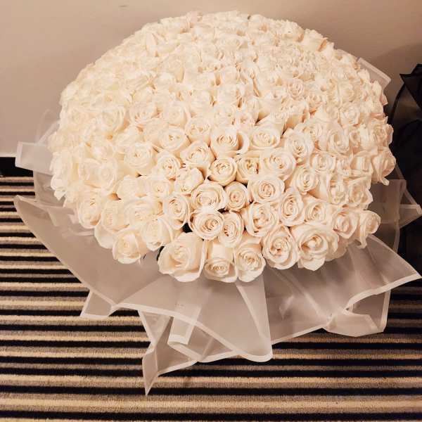 Large bouquet of white roses wrapped in sheer paper