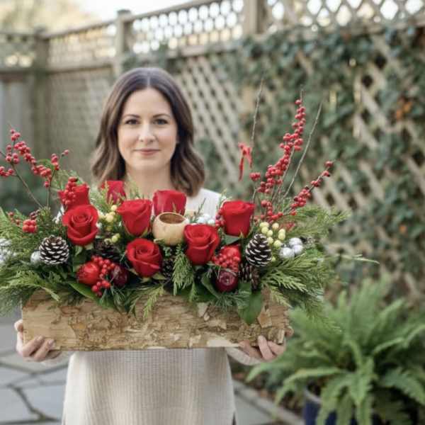 Woman holding a holiday centerpiece with red roses and pinecones in a wooden box