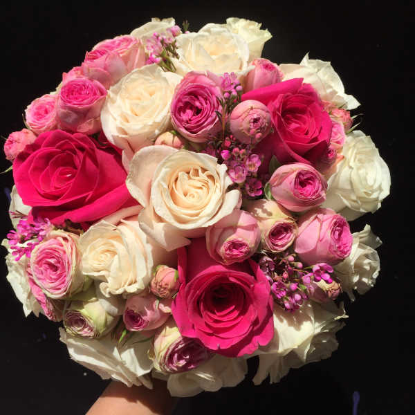 Round bouquet of pink and white roses against a black background