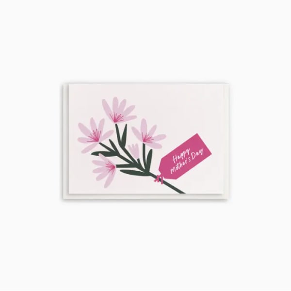 Mother's Day card with pink flowers and a tag