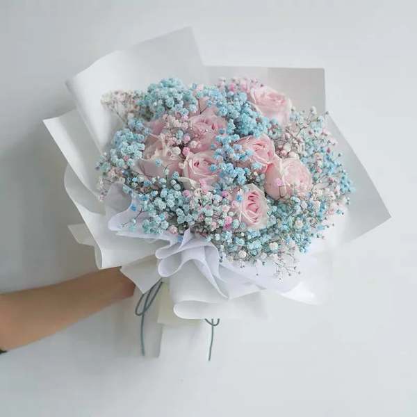 Bouquet of pink roses with blue baby's breath in white paper