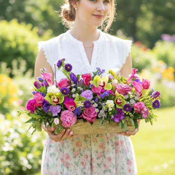 Woman holding a colorful mixed flower arrangement in a wooden box