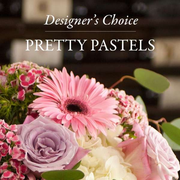 Pastel bouquet with pink gerbera daisies, lavender roses, and white hydrangea