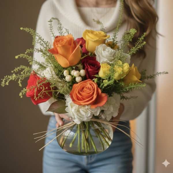 Mixed roses in a round glass vase with airy greenery