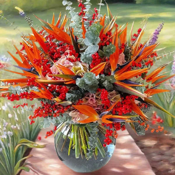 Tropical bouquet with orange bird-of-paradise flowers in a glass vase