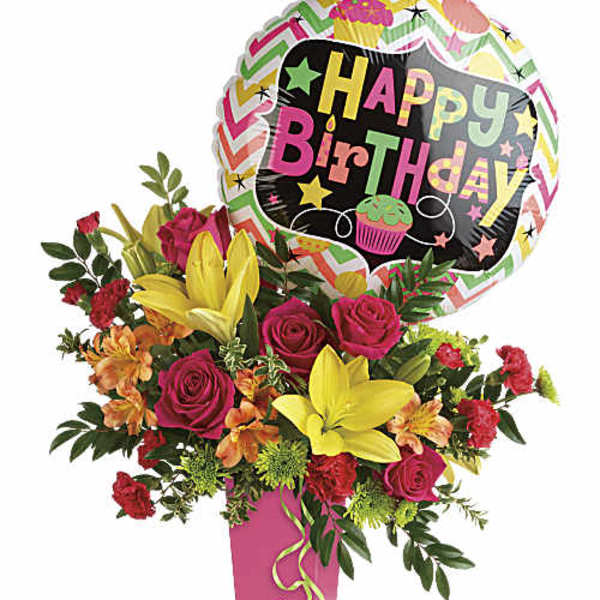 Birthday bouquet with roses, lilies, and a "Happy Birthday" balloon