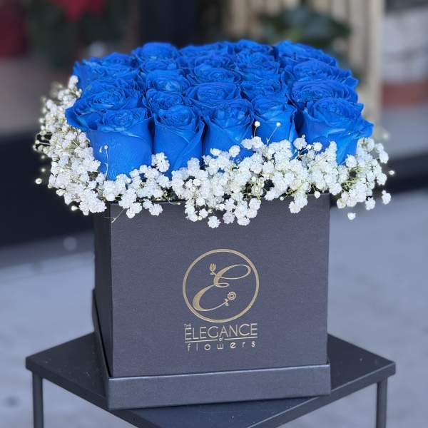 Blue roses arranged in a black square box with white baby's breath