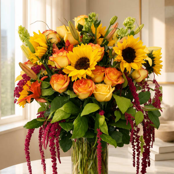 Bouquet of yellow sunflowers and orange-tipped roses in a clear glass vase