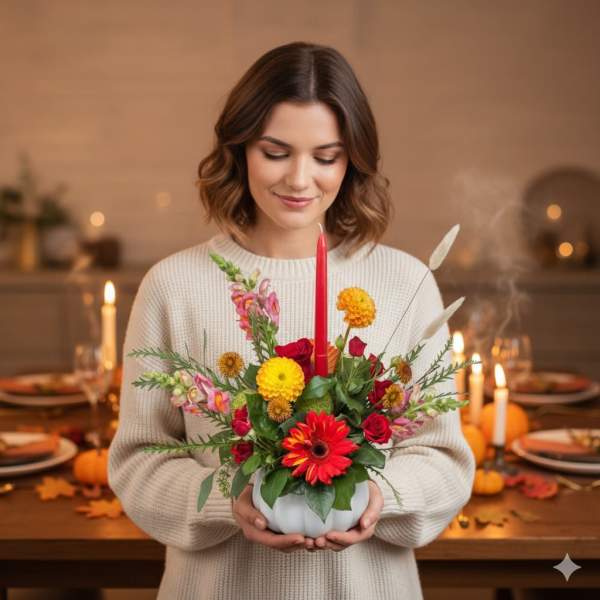 Woman holding a colorful floral centerpiece with a red candle