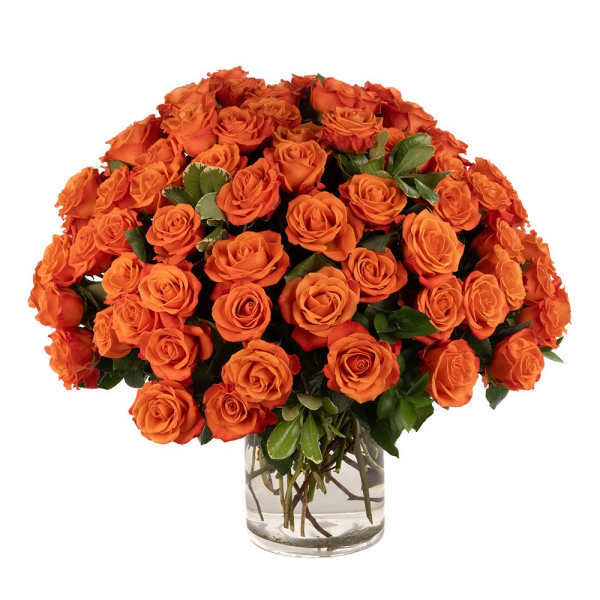 Large arrangement of clustered orange roses in a clear glass cylinder vase