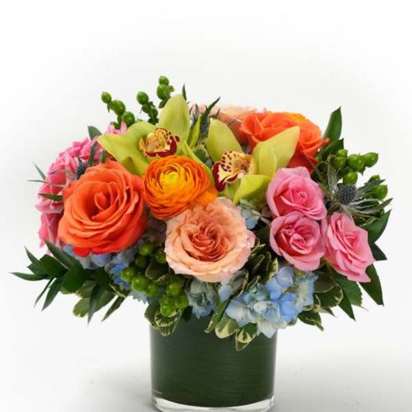 Low glass vase of orange and pink roses with green orchids, orange ranunculus, and blue hydrangeas