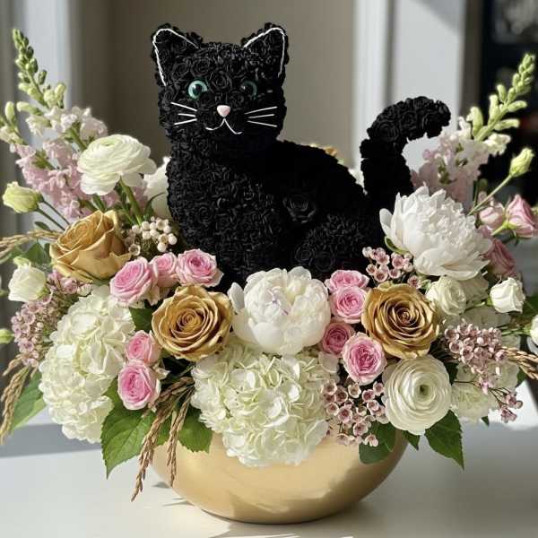 Black cat figure surrounded by pink, white, and gold flowers in a bowl