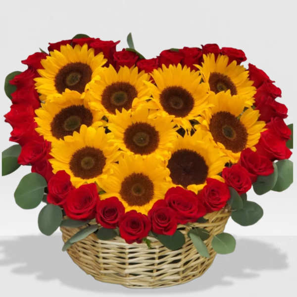 Basket arrangement of sunflowers and red roses