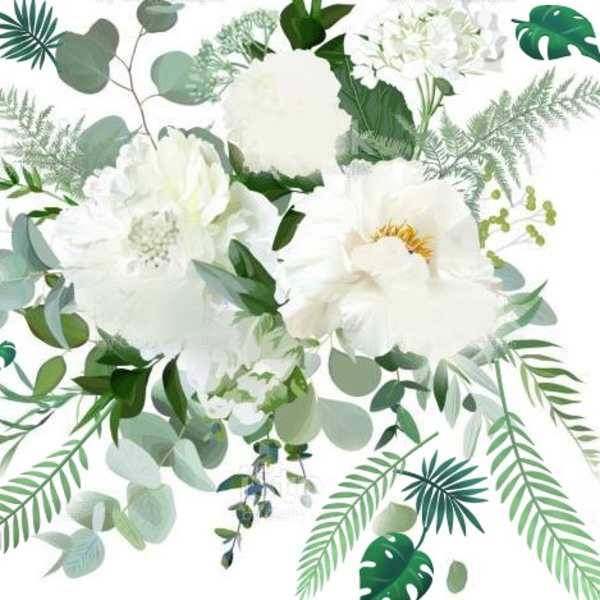 White flowers with assorted green foliage on a white background