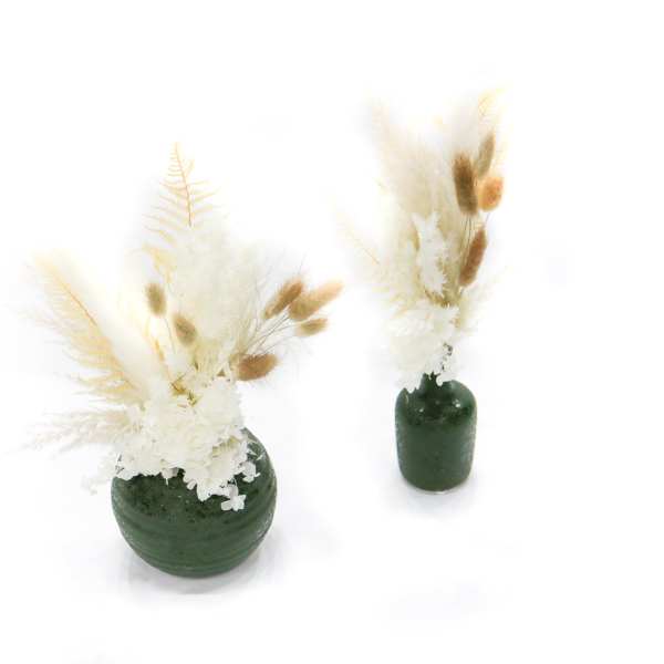Two dried floral arrangements in dark green vases on a white background