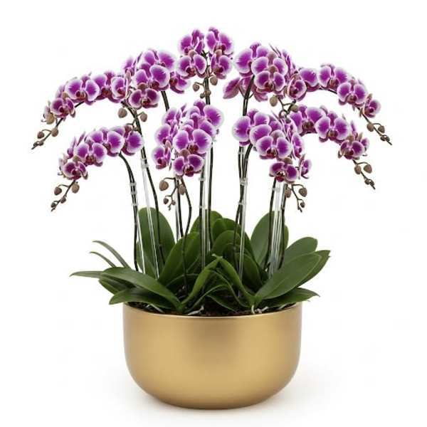 Purple orchids in a gold pot