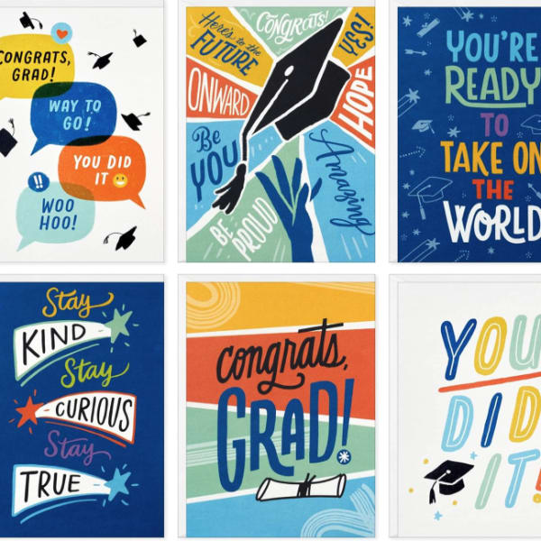 Six colorful graduation greeting cards with congratulatory messages.