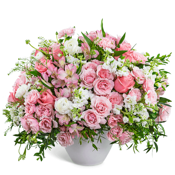 Pink and white mixed flower arrangement in a white vase