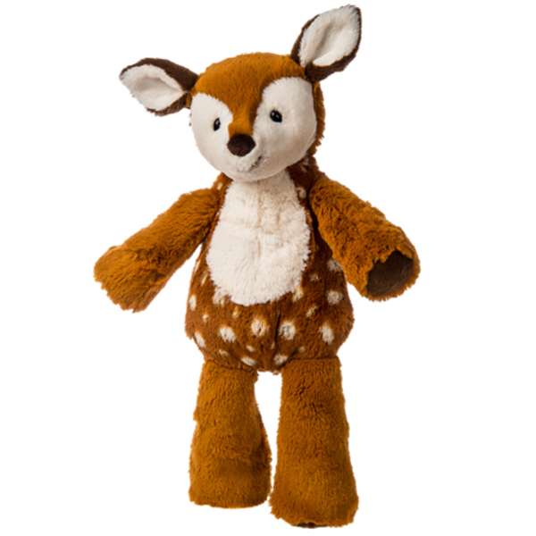 Plush deer toy with brown and white fur
