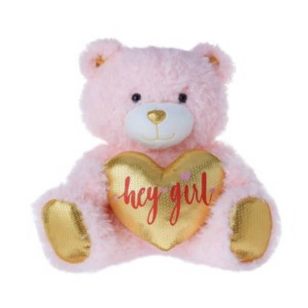 Pink teddy bear holding a gold heart with "hey girl" text