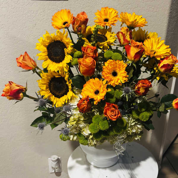 Golden Sunshine | Luxury Sunflowers, Orange Roses & Gerbera Arrangement