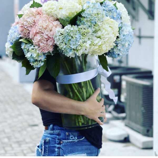 Large bouquet of pastel hydrangeas in a glass vase with a ribbon