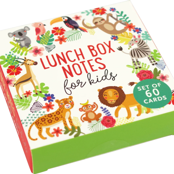 Box of kids' lunch box notes with colorful animal illustrations