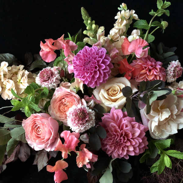 Pink and cream mixed bouquet with dahlias, roses, and snapdragons