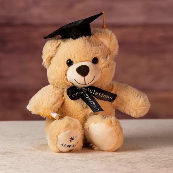 Plush tan teddy bear wearing a black graduation cap and ribbon holding a small diploma