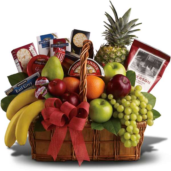 Gift basket with fruit, cheese, crackers, and chocolates