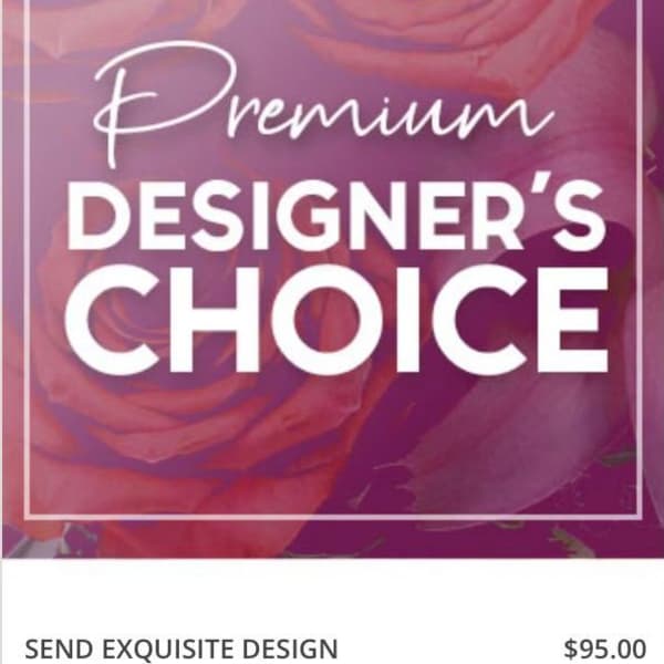Promotional graphic with pink roses and the words Premium Designer's Choice