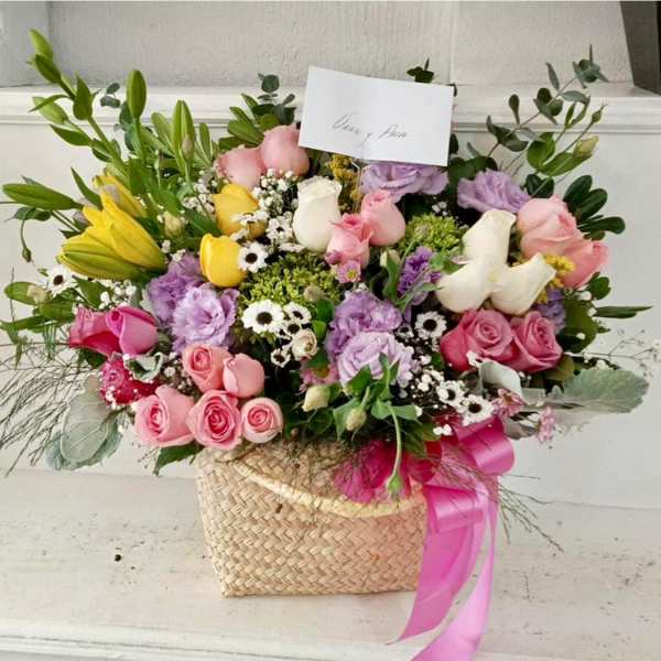 Garden Harmony | Luxury Roses, Lilies & Lisianthus Basket Arrangement