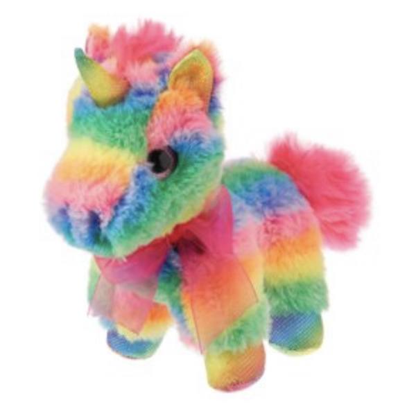Rainbow plush unicorn with a pink bow on a white background