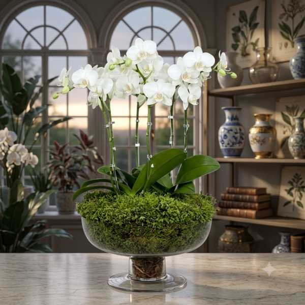White orchids in a glass bowl planter with moss