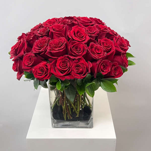 Red roses arranged in a clear square glass vase