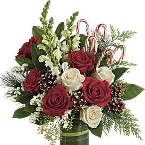 Red and white roses in a green glass vase with candy canes and pinecones