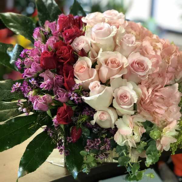 Bouquet of pink, red, and white roses with hydrangea and greenery