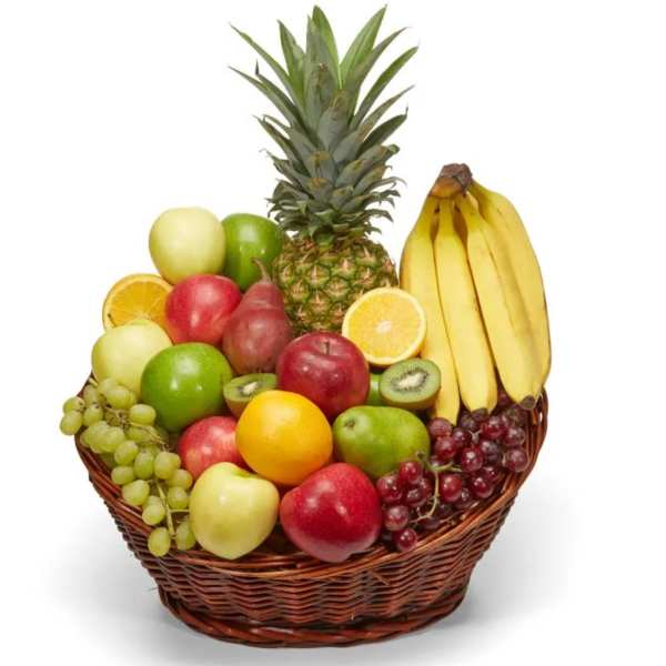 Fruit basket with bananas, pineapple, apples, grapes, oranges, and kiwi