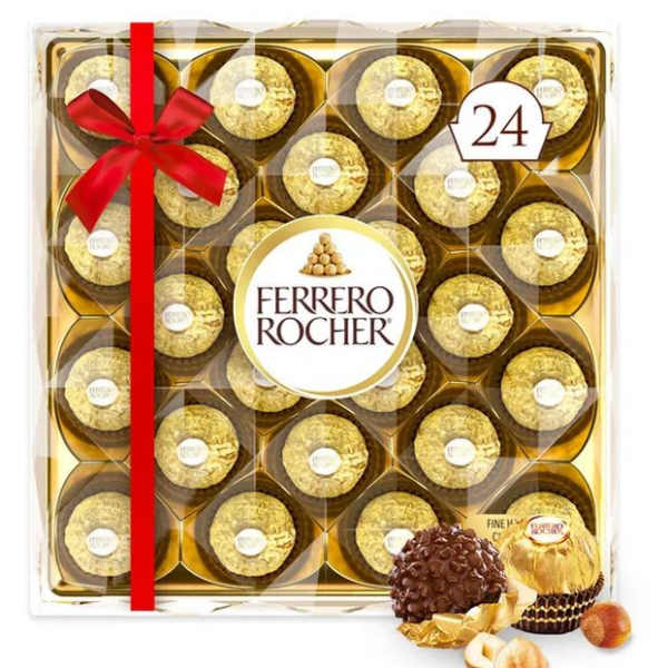 Box of Ferrero Rocher chocolates with a red ribbon